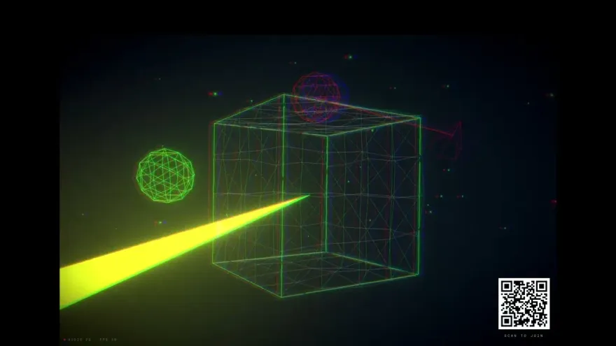 The projected scene — a green wireframe cube and geodesic spheres drifting in dark space, cut through by a beam of yellow light, with a QR code reading "scan to join" in the corner.